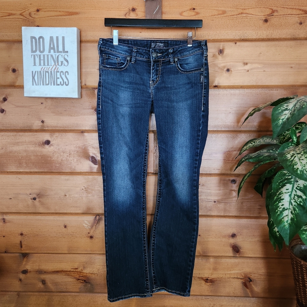 Silver Jeans Aiko Slim Bootcut Mid Rise Dark Wash Embroidered Stretch Sz 29 X30"